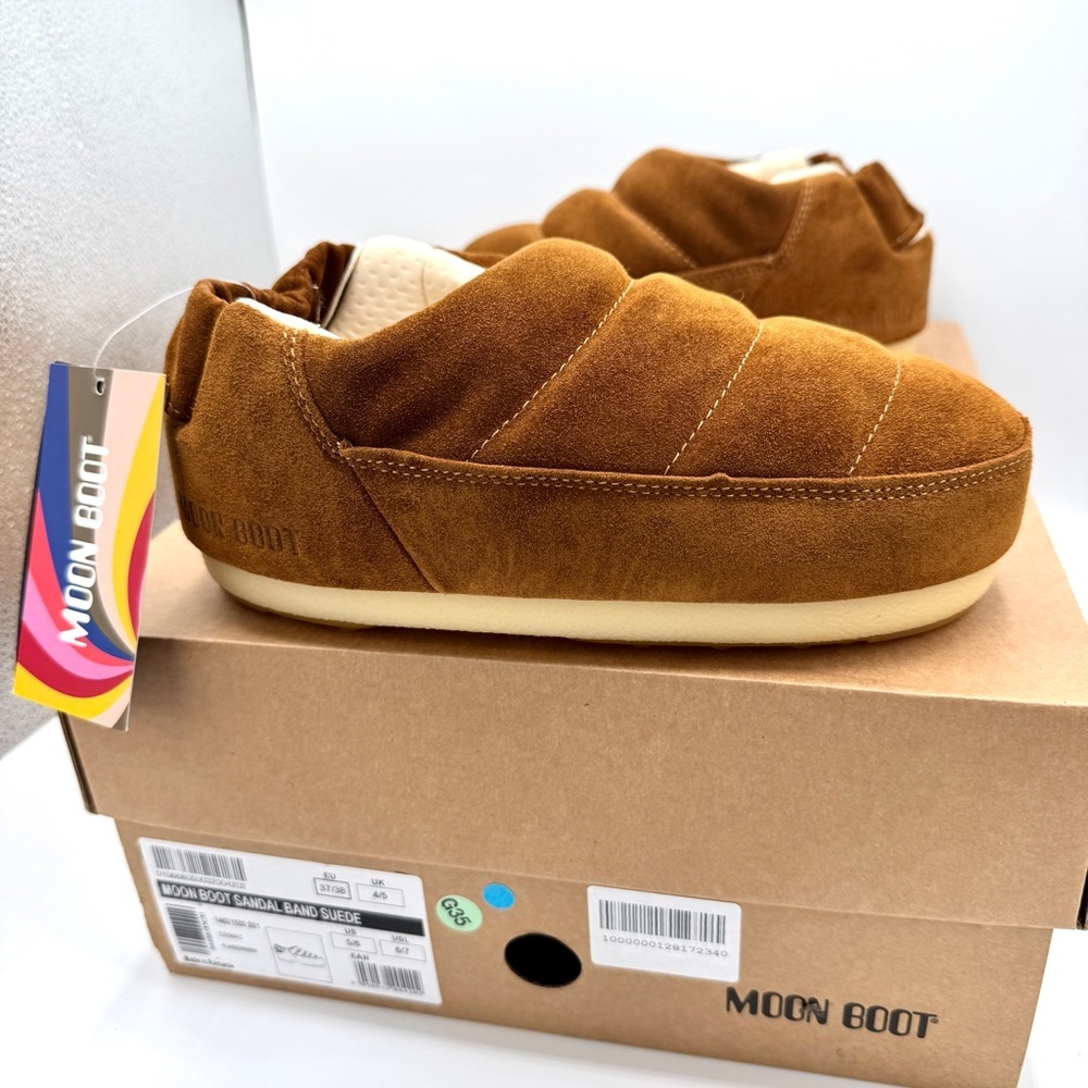 NWT Moonboot Suede Leather Slide Slippers Brown Cognac Unisex Shoes Brand New